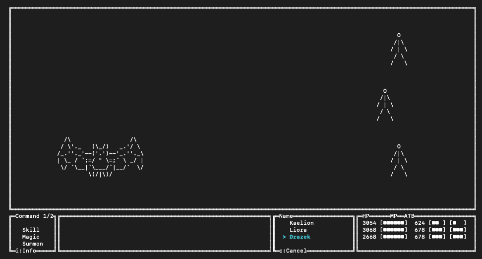 Active-time battle screenshot with party status and enemy display rendered in the terminal.