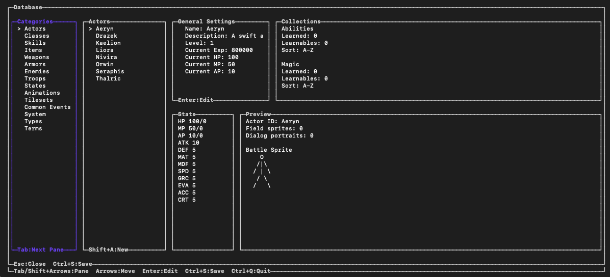 Database editor screenshot listing actors, categories, stats, and preview information.