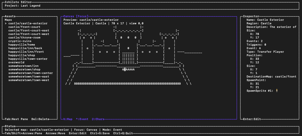 Editor screenshot showing a transfer event selected on the castle exterior map with detailed inspector data.