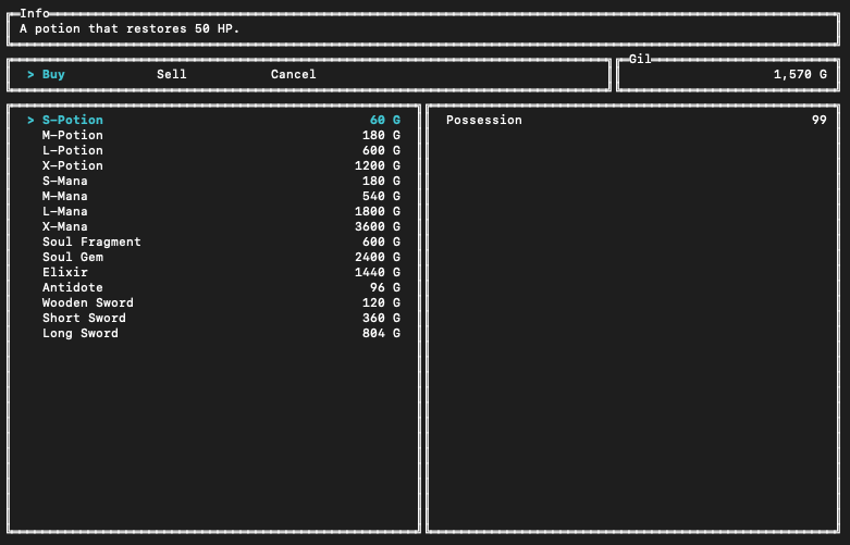 Shop buy menu screenshot listing items, prices, and current gil.